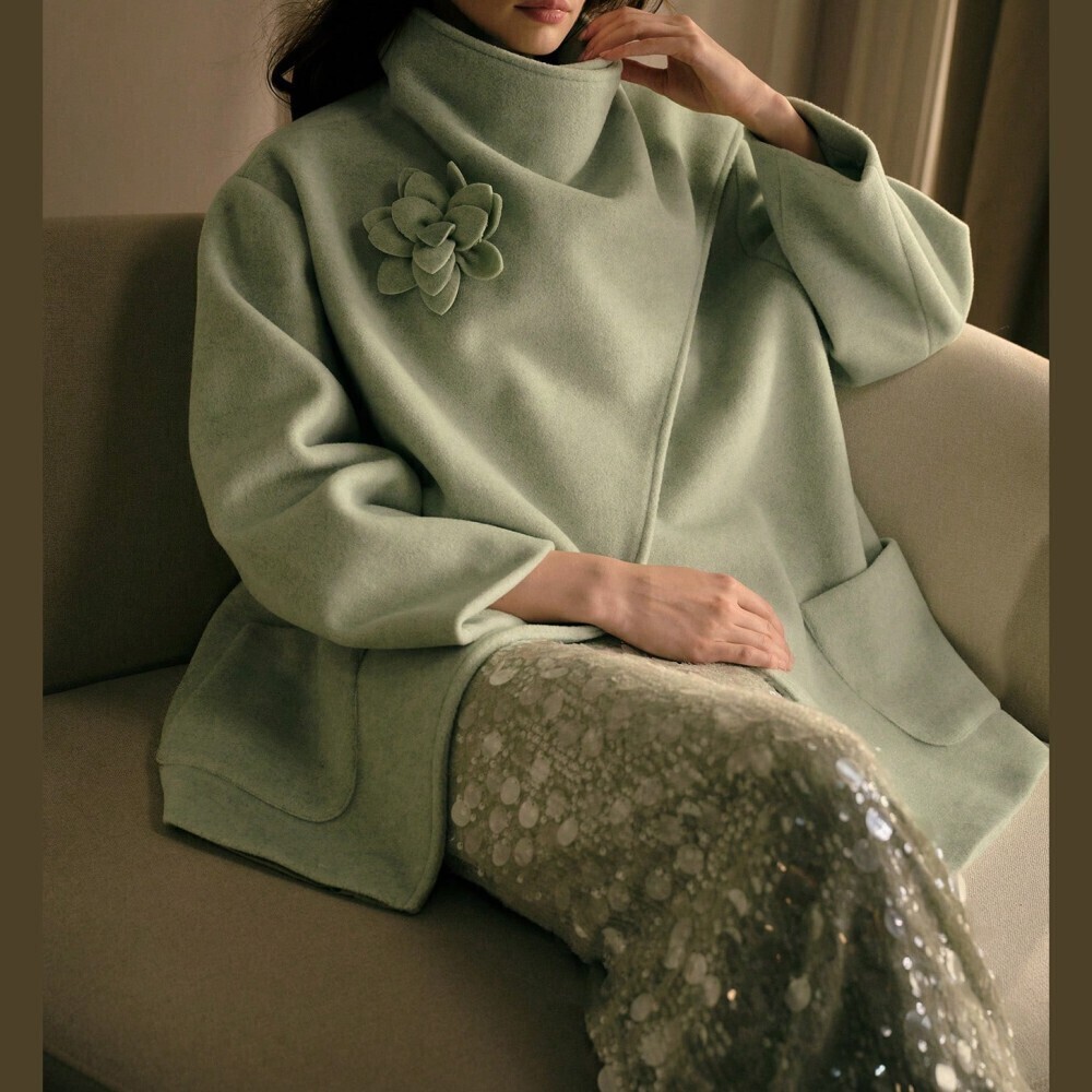 Pale Sage Green Funnel Neck Flower Detail Brushed Twill Overcoat